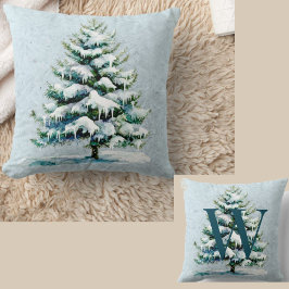 Chic Winter Watercolor Snowy Spruce Tree Monogram Kissen
