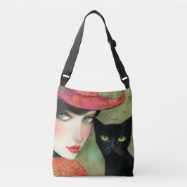 Chic Woman and Black Cat Tragetaschen Mit Langen Trägern
