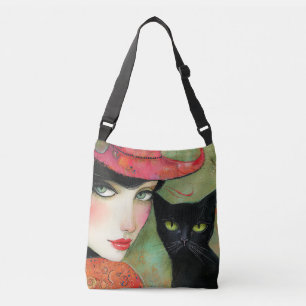 Chic Woman and Black Cat Tragetaschen Mit Langen Trägern