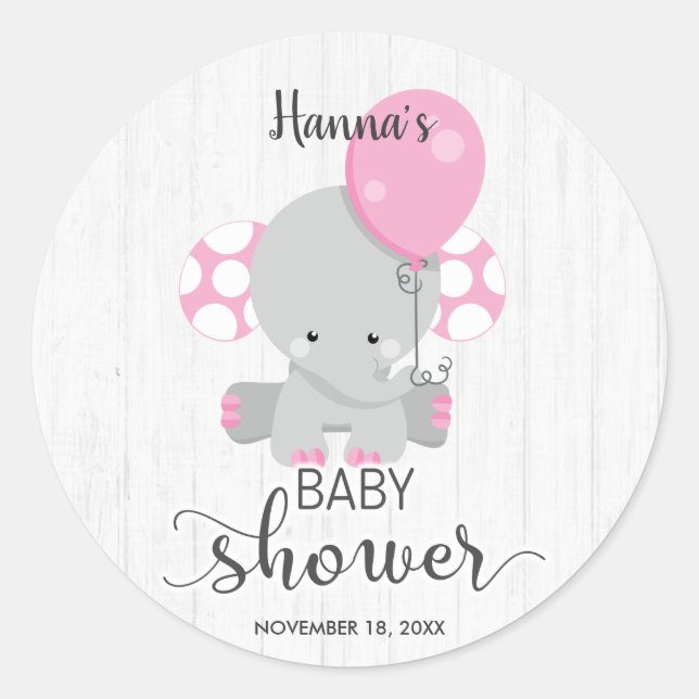 Chic Wood Pink Elephant Girl Baby Dusche Runder Aufkleber (Vorderseite)