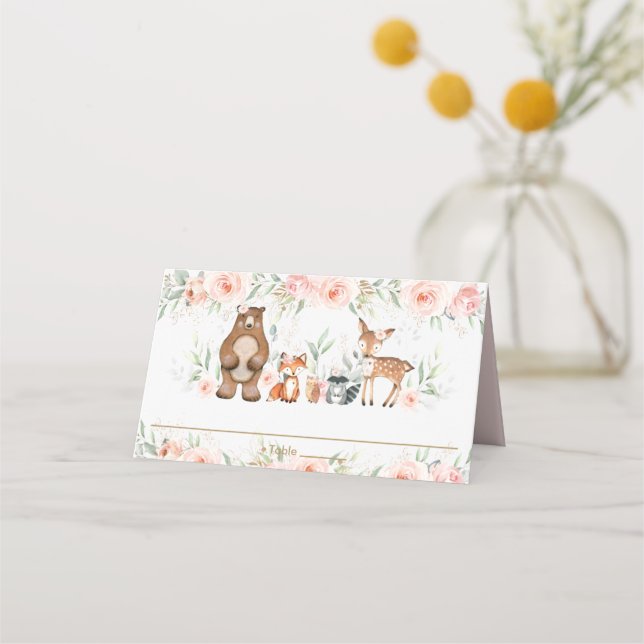Chic Woodland Animals Blush Blumendusche Geburtsta Platzkarte (Vorderseite)