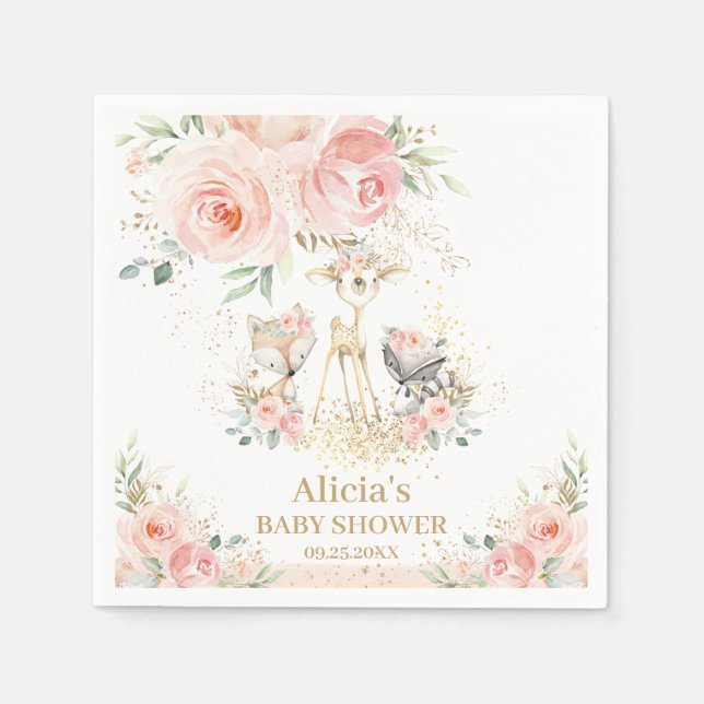 Chic Woodland Animals Blush Floral Baby Dusche Serviette (Vorderseite)