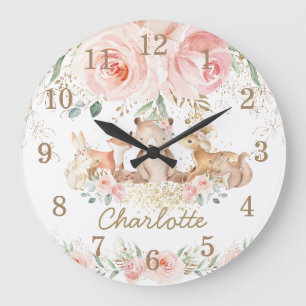 Chic Woodland Animals Blush Floral Girl Bedroom Große Wanduhr