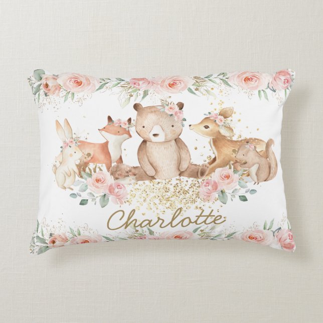 Chic Woodland Animals Blush Floral New Baby Girl Dekokissen (Vorderseite)