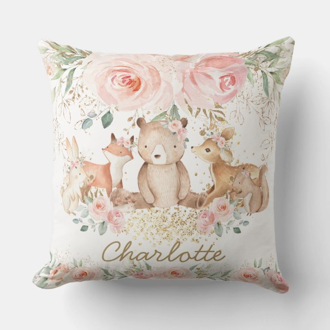 Chic Woodland Animals Blush Floral New Baby Girl Kissen (Vorderseite)
