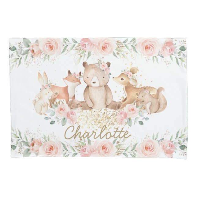 Chic Woodland Animals Blush Floral New Baby Girl Kissenbezug (Vorderseite)