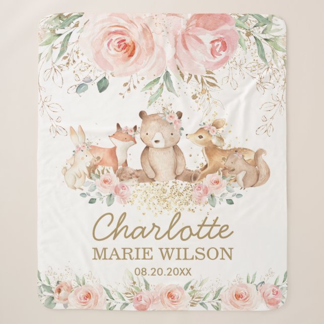 Chic Woodland Animals Blush Floral New Baby Girl Sherpadecke (Vorderseite)