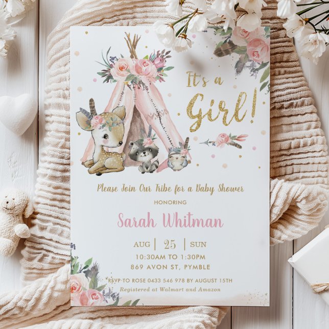Chic Woodland Animals Boho Tribal Girl Baby Dusche Einladung (blush-floral-boho-tribal-woodland-animals-deer-owl-raccoon-girl-baby-shower-invitation-cards-prints)