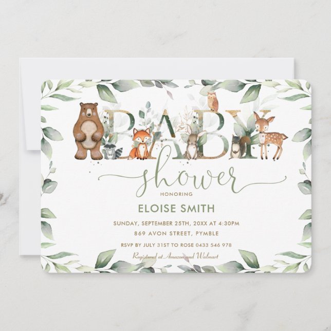 Chic Woodland Animals Greenery Baby Dusche neutral Einladung (Vorderseite)