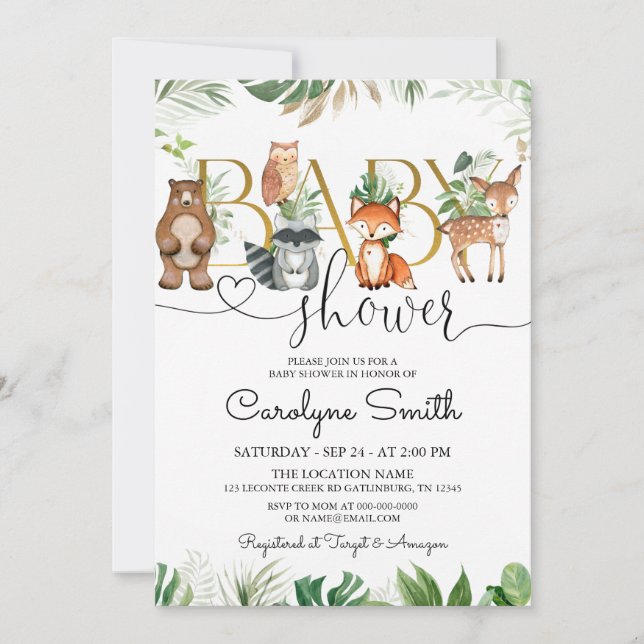Chic Woodland Animals Greenery Baby Shower Einladung (Vorderseite)