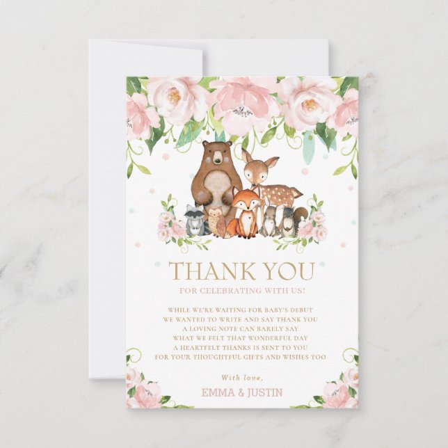 Chic Woodland Animals Pink Floral Baby Dusche Dankeskarte (Vorderseite)