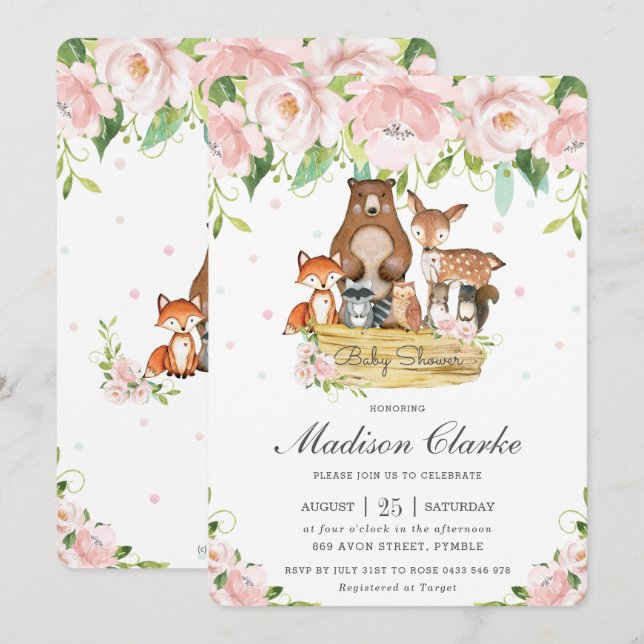 Chic Woodland Animals Pink Floral Baby Dusche Einladung (Vorne/Hinten)