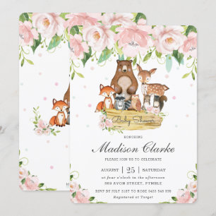 Chic Woodland Animals Pink Floral Baby Dusche Einladung