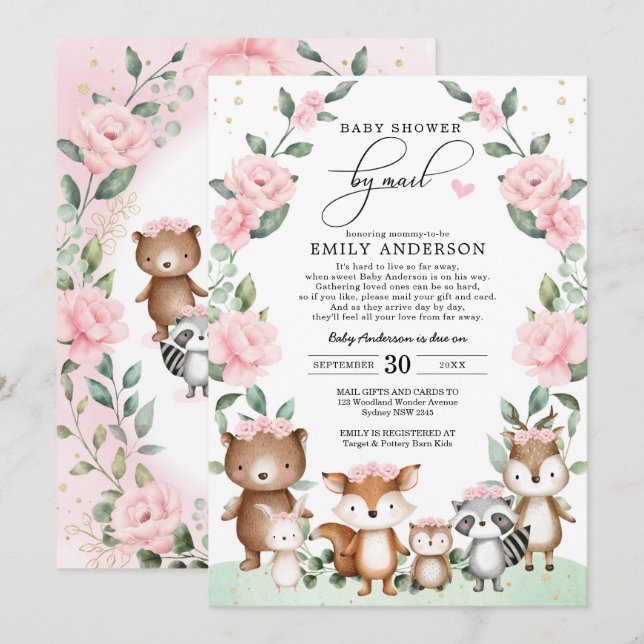 Chic Woodland Babydusche per Mail Blush Bloral Einladung (Vorne/Hinten)