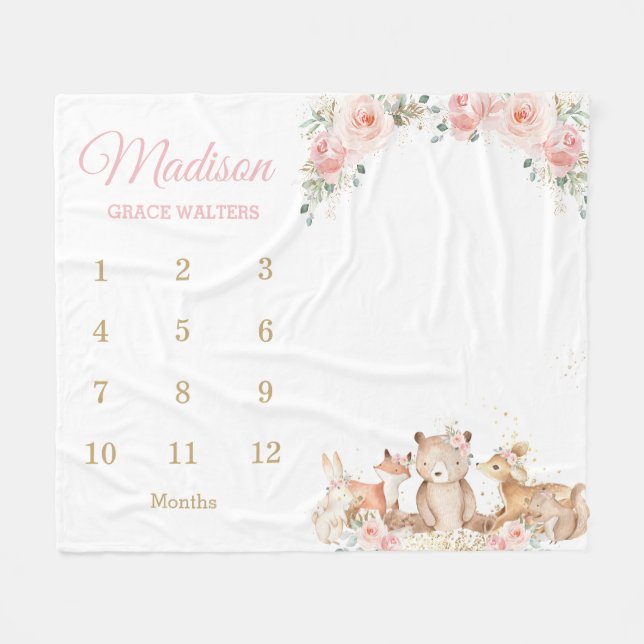 Chic Woodland Blush Pink Blumenrosa Monthly Meilen Fleecedecke (Vorderseite (Horizontal))