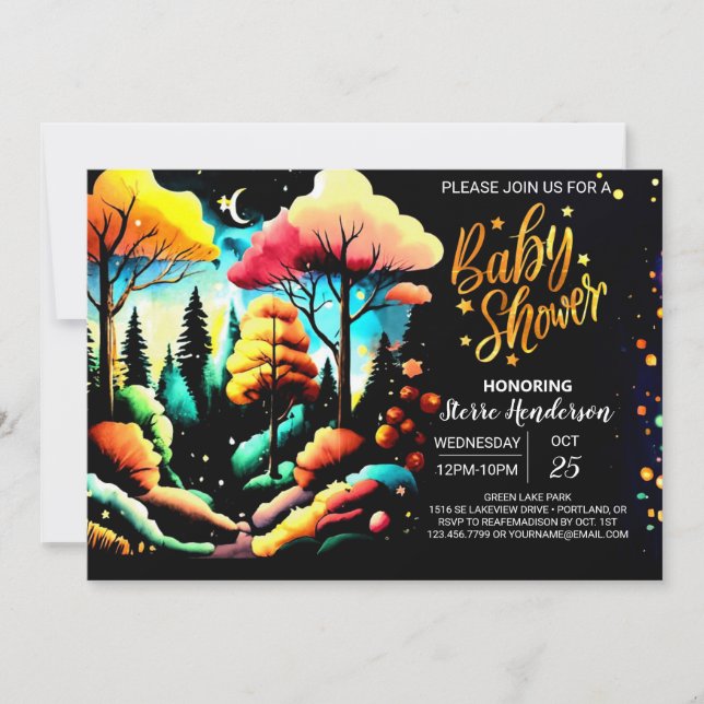 Chic Woodland Forest Baby Dusche Einladung (Vorderseite)