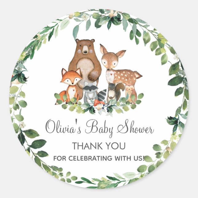 Chic Woodland Greenerenery Baby Shower Vielen Dank Runder Aufkleber (Vorderseite)