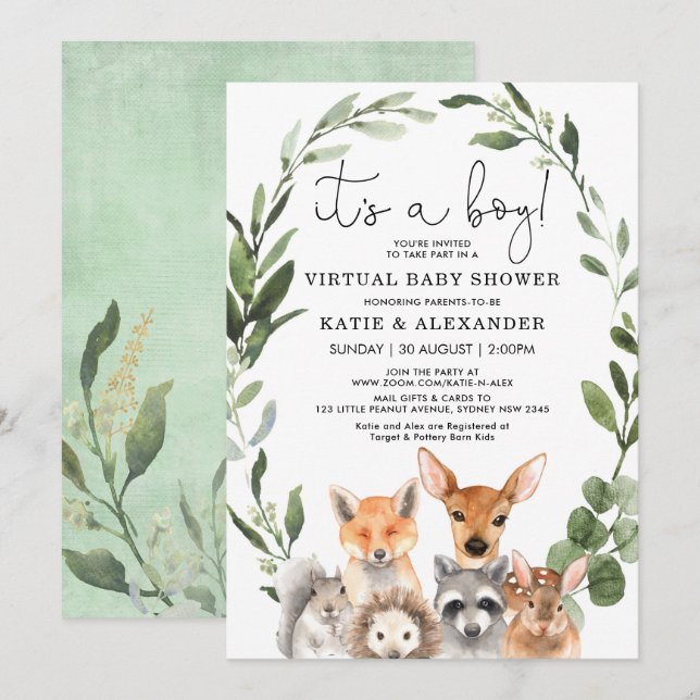 Chic Woodland Greenerity Wreath Virtual Baby Showe Einladung (Vorne/Hinten)