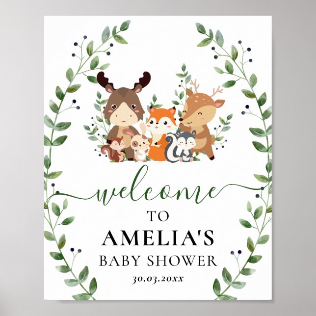 Chic Woodland Grünpflanzen Tiere Baby Dusche Willk Poster (Vorne)