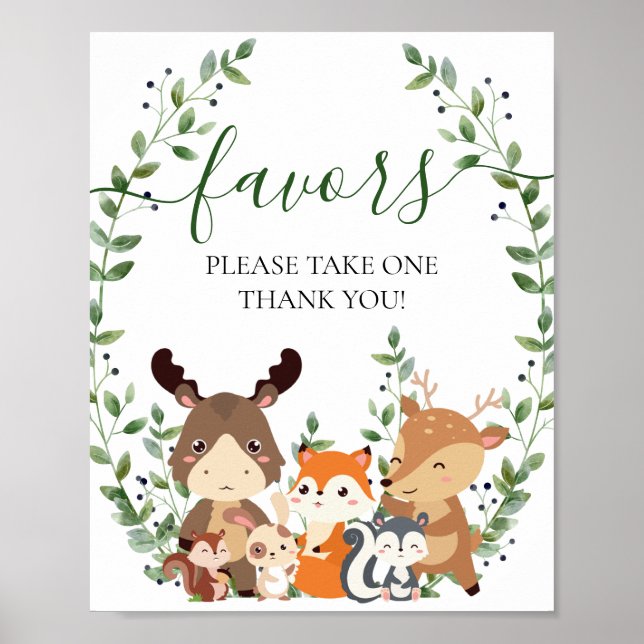 Chic Woodland Grünpflanzen Tiere Kinderdusche Favo Poster (Vorne)
