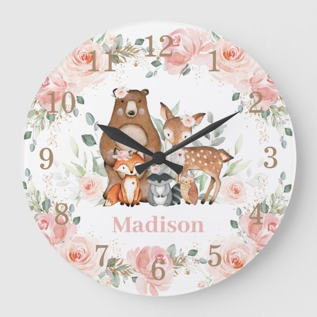Chic Woodland Tiere Pastell Blush Floral Gold Große Wanduhr (Vorderseite)