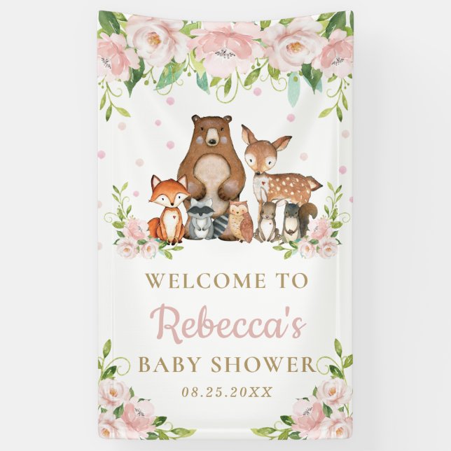 Chic Woodland Tiere Rosa Blumenkulisse Willkommen Banner (Vertikal)