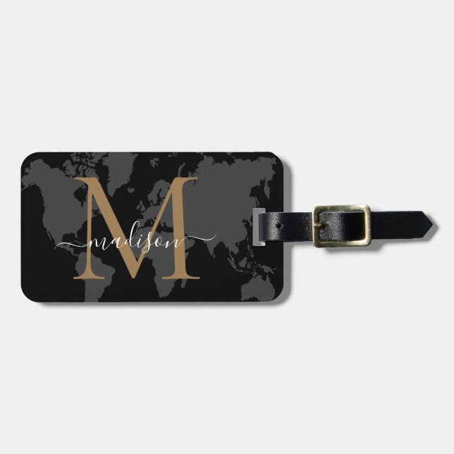 Chic World Traveller Map Black Gold Monogram Scrip Gepäckanhänger (Vorderseite horizontal)