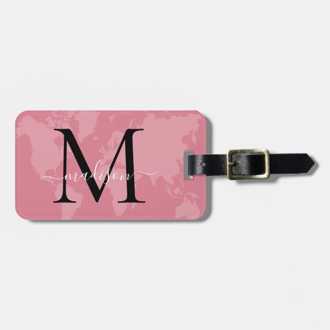 Chic World Traveller Map Pink Monogram Name Script Gepäckanhänger (Vorderseite horizontal)