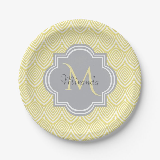 Chic Yellow Art Deco Scallops Grau Monogramm Name Pappteller (Vorderseite)