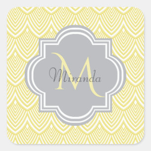 Chic Yellow Art Deco Scallops Grau Monogramm Name Quadratischer Aufkleber