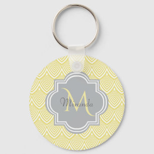 Chic Yellow Art Deco Scallops Grau Monogramm Name Schlüsselanhänger