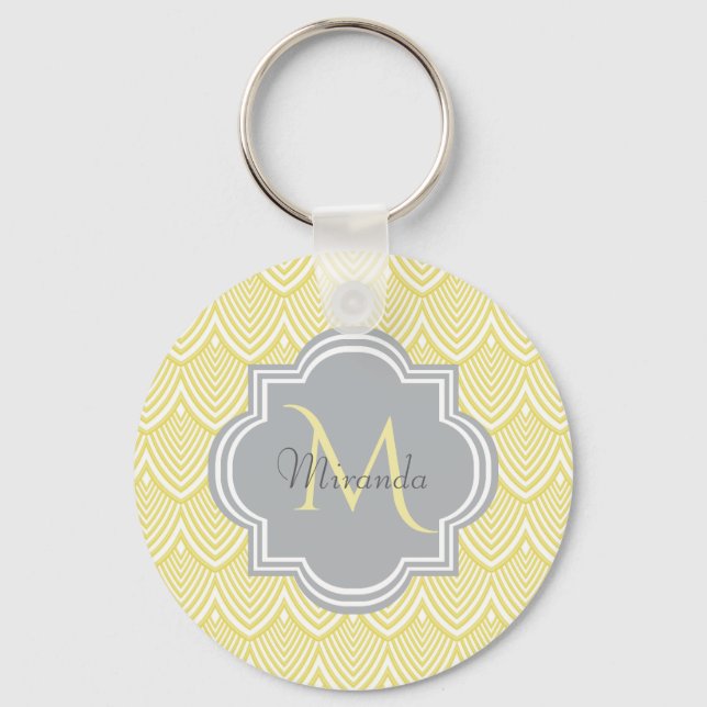 Chic Yellow Art Deco Scallops Grau Monogramm Name Schlüsselanhänger (Vorderseite)