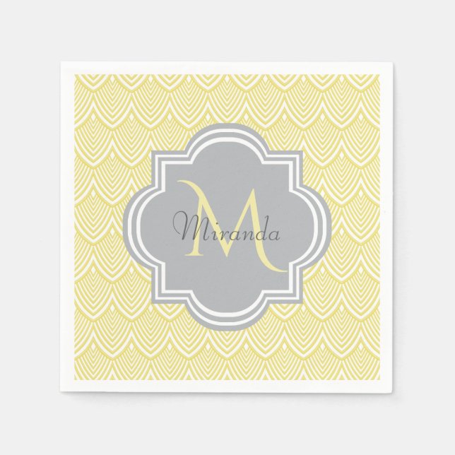 Chic Yellow Art Deco Scallops Grau Monogramm Name Serviette (Vorderseite)