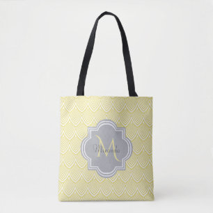 Chic Yellow Art Deco Scallops Grau Monogramm Name Tasche