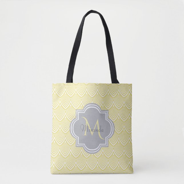 Chic Yellow Art Deco Scallops Grau Monogramm Name Tasche (Vorderseite)