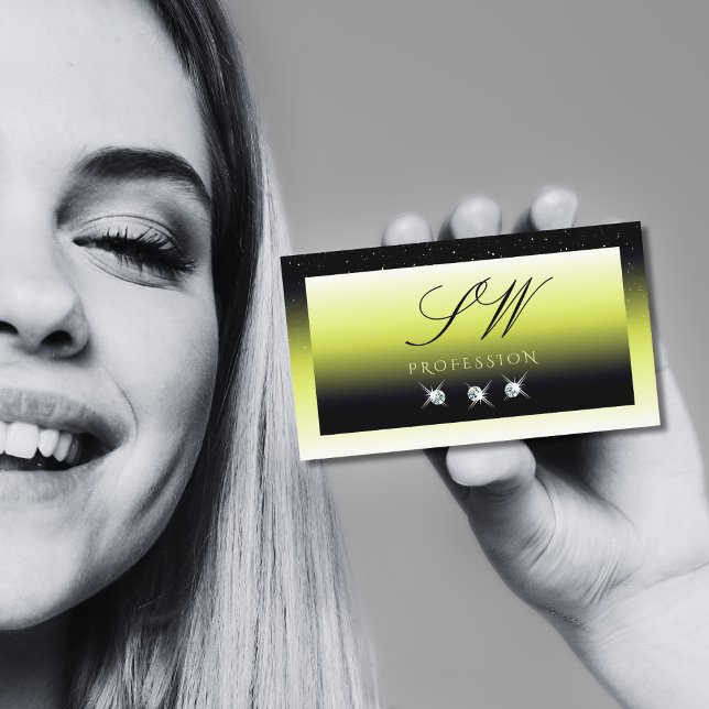 Chic Yellow Black Ombre Sparkle Diamonds Initialen Visitenkarte (Von Creator hochgeladen)