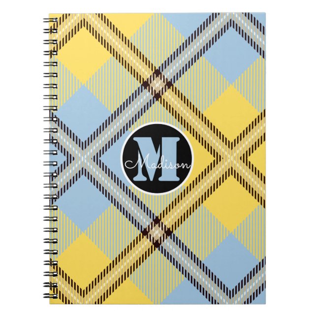 Chic Yellow Blue Kariert Tartan Monogram Script Na Notizblock (Vorderseite)