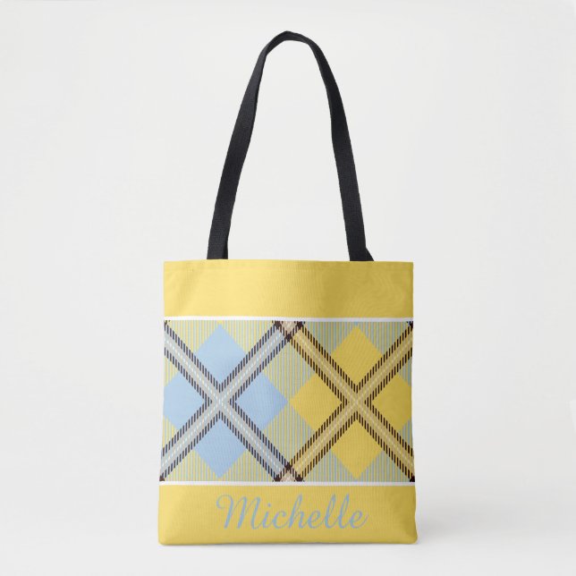 Chic Yellow Blue Kariert Tartan Personalisierter N Tasche (Vorderseite)
