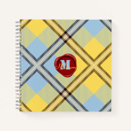 Chic Yellow Blue Tartan Briefmarke Monogram Script Notizbuch