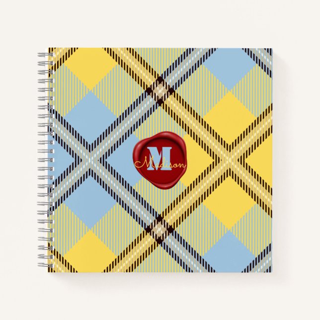 Chic Yellow Blue Tartan Briefmarke Monogram Script Notizbuch (Vorderseite)