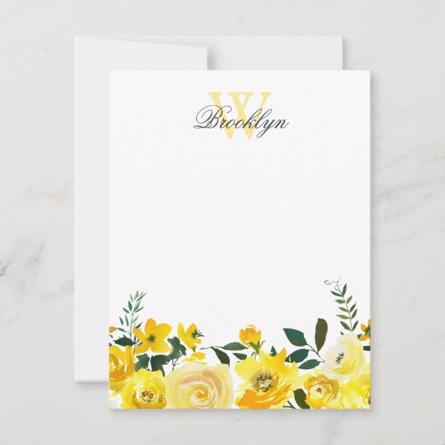 Chic Yellow Botanic Floral Mit Monogramm Note Mitteilungskarte (Vorderseite)