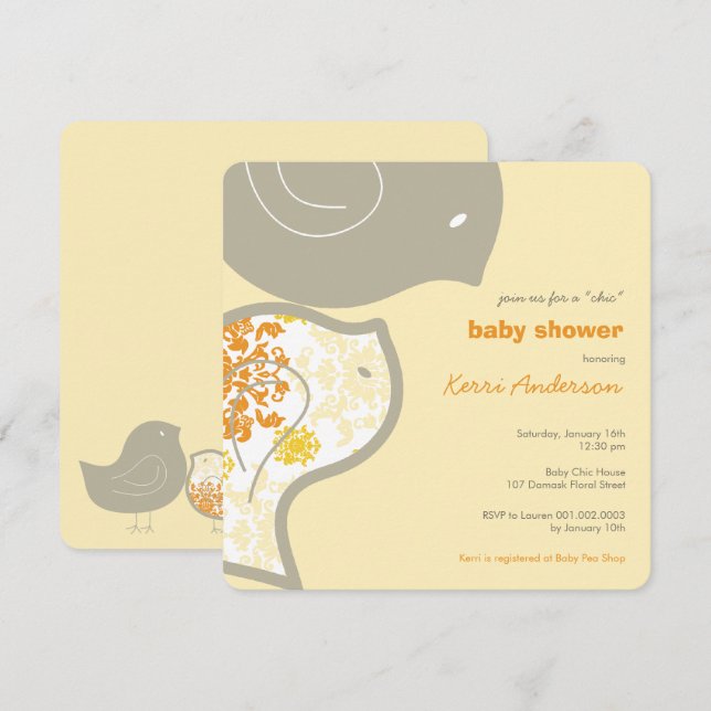 Chic Yellow Damask Chicks Baby Dusche Party einlad Einladung (Vorne/Hinten)