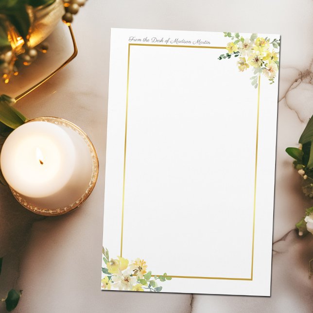Chic Yellow Floral Gold Border Custom Briefpapier (Von Creator hochgeladen)