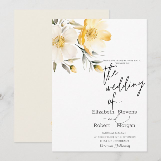 Chic Yellow Flowers Einladung zur Hochzeit (Vorne/Hinten)