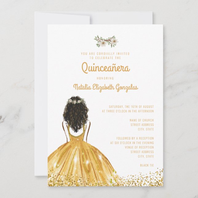 Chic Yellow Gold Princess Dress 15. Quinceañera Einladung (Vorderseite)
