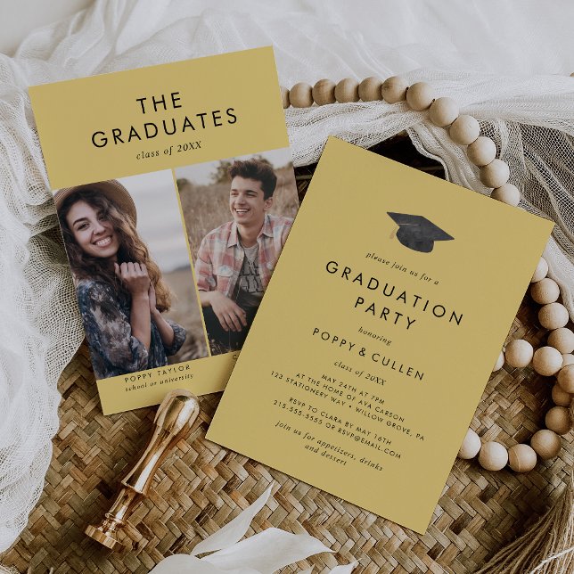 Chic Yellow Grad Cap Foto Double Graduation Party Einladung (Von Creator hochgeladen)
