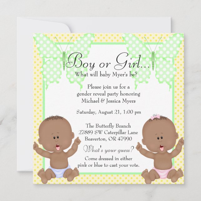 Chic Yellow & Green Butterfly Gender Reveal Einladung (Vorderseite)