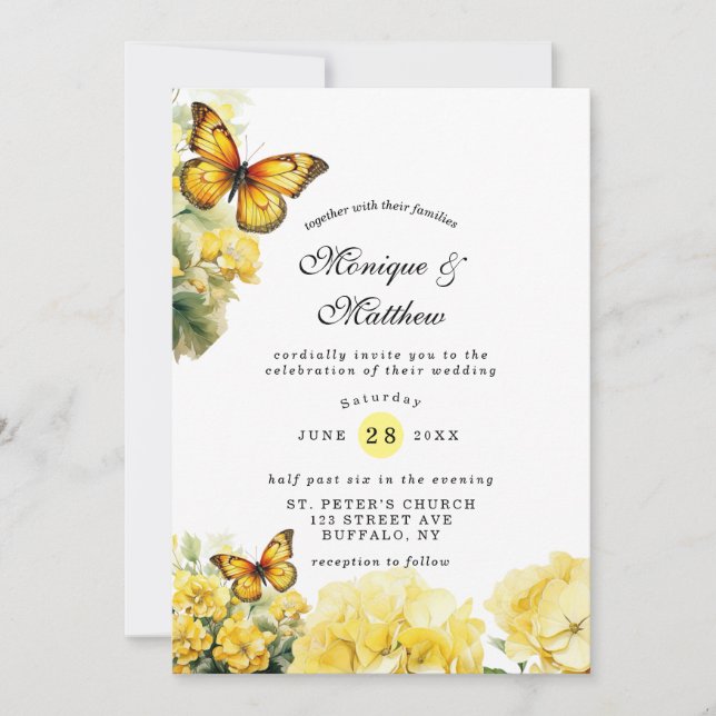 Chic Yellow Hydrangea Butterfly Wedding Einladung (Vorderseite)