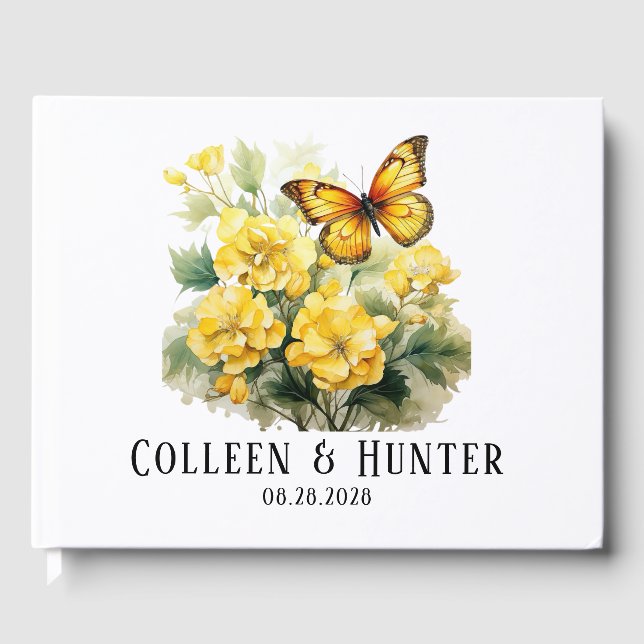 Chic Yellow Hydrangea Butterfly Wedding Gästebuch (Vorderseite)
