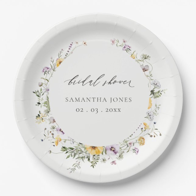 Chic Yellow Lilac Wildblume Wreath Brautparty Pappteller (Vorderseite)
